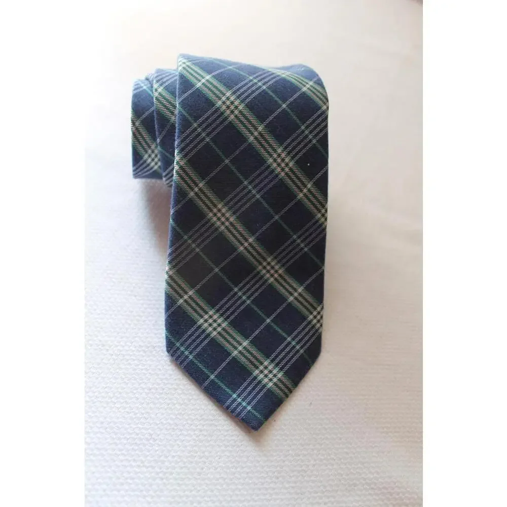 Vintage STAFFORD Cotton Silk Blend Necktie, Navy, White, Green Plaid, 3 X 57